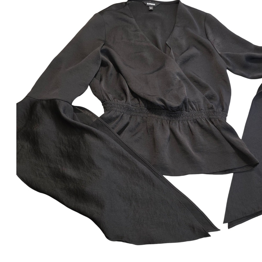 Express Peplum Top Women Small Black Flared Bell Sleeve Wrap Blouse #Whimsigoth‎